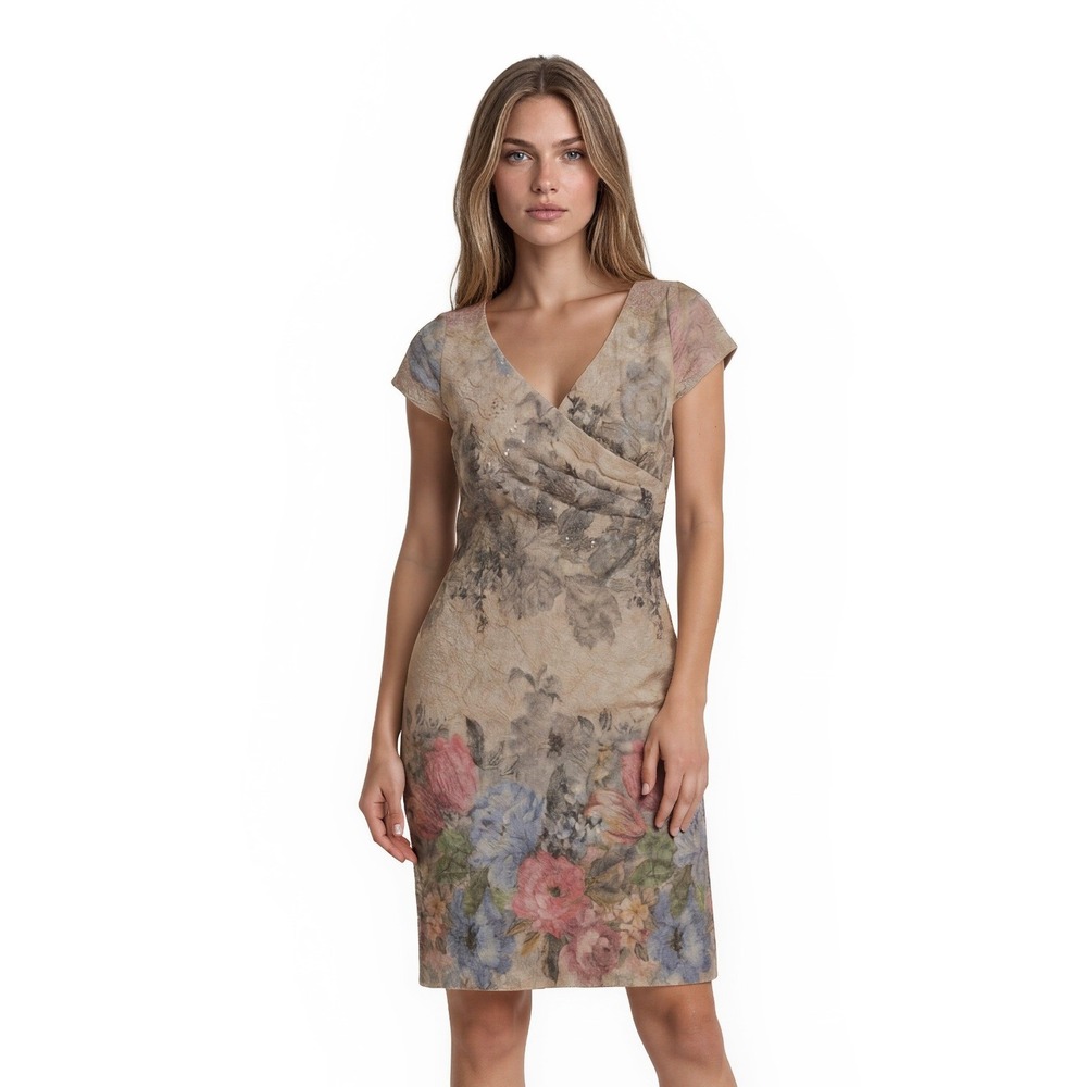 Adrianna Papell Sheath Dress Women's Size 10P Petite Gold Floral Metallic Beaded